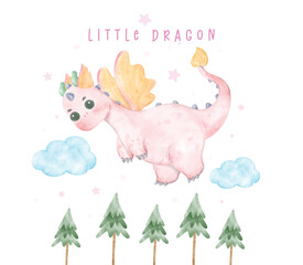 Wall Mural - adorable baby pink dragon flying on tree little dragon watercolour, whimsical children animal nurser