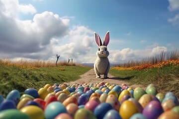 Wall Mural - Cartoon easter bunny and colored eggs outdoors made with generative AI