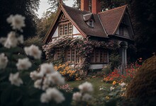 House With Beautiful Flower Natural Garden Wallpaper Background. Generative AI