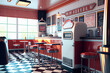 Classic American diner in vintage 50s style. Nostalgic interior with old-fashioned tiled walls and red vinyl booths. Generative AI