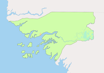  High detailed vector Guinea-Bissau physical map, topographic map of Guinea-Bissau on white with rivers, lakes and neighbouring countries. 