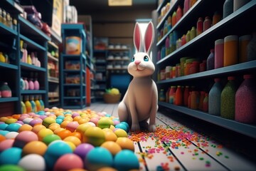 Cartoon easter bunny and colored eggs in the store made with generative AI