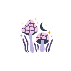 Wall Mural - Mystical poster with mushroom agaric, moon, floral elements. Fantasy fungus vector illustration. Magical fairy clipart isolated on white. Whimsical forest plant.