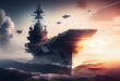 panoramic view of a generic military aircraft carrier ship with fighter jets take off during a special operation at airforce support, wide poster design with copy space area. Generative AI