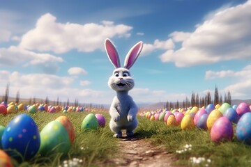 Wall Mural - Cartoon easter bunny and colored eggs outdoors made with generative AI