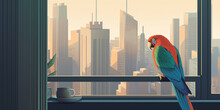A Colorful Parrot Sits On A Perch In A Modern High-rise Apartment With Large Windows That Showcase The City Skyline. The Parrot Gazes Out The Window With Its Beak Slightly Open. Generative AI.