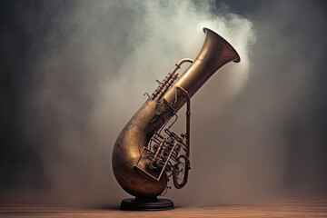 Imaginary musical instrument on neutral background with smoke with copy space, generative ai illustration