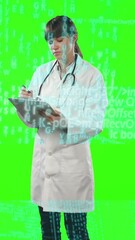 Wall Mural - Animation of biracial female doctor over data processing on green screen