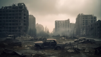 Post apocalyptic city background. Destroyed buildings, cracked road. Generative AI.