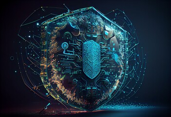 Wall Mural - Internet connection online network cybersecurity data protection technological concept. In the centre, Generative AI has a prominent shield