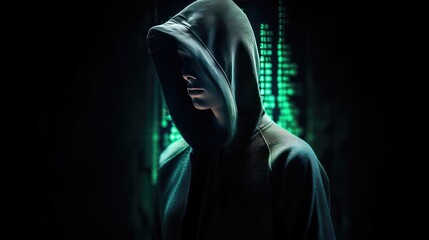 Hacker in the hood with tech glow background. Generative AI