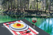 spaghetti on a picnic at the mountain lake