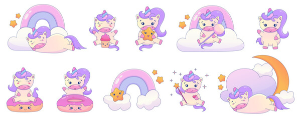 Cute Cartoon Unicorn Kawaii set. Unicorn with donut, rainbow kawaii animal sticker. Magic cute pony. Cartoon vector illustration