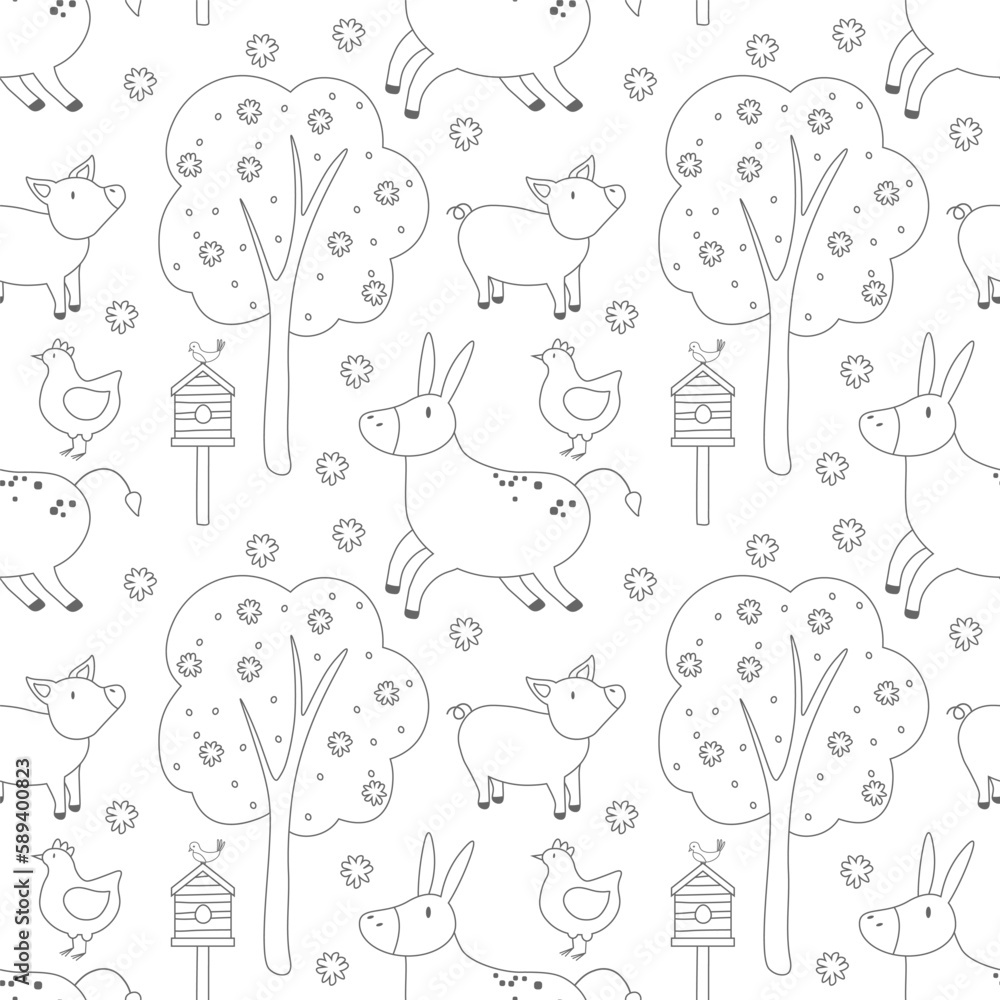 Vector black and white seamless pattern with farm animals Outline pig ...