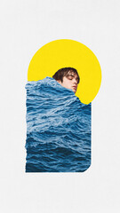 Contemporary art collage with sleeping man, guy with ocean instead of blanket and sun instead of pillow over white background. Creative design