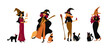 Cute witch set. Cartoon girls in wizard fairy costumes. Halloween characters. Witches with cats. Vector illustration. Flat style.