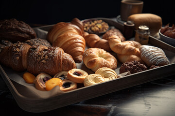 Freshly baked croissants, muffins and other bakery products on wooden table, Generative AI