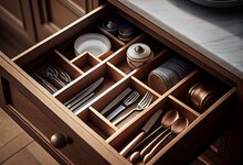 Modern kitchen, Open drawers, Set of cutlery trays in kitchen drawer. Solid oak wood cutlery drawer inserts. Generative AI