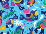 Fototapeta  - Seamless winter pattern with cute seals characters with splashes, seaweed, corals and fishes for kids
