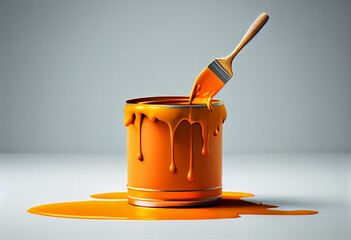 Orange paint tin can with brush on top on a white background with orange strokes. Generative AI