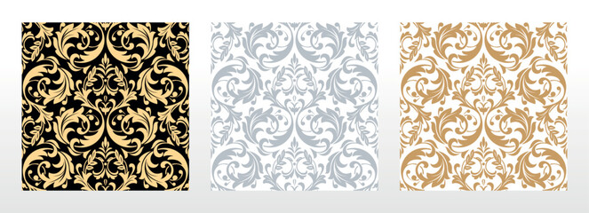 Wallpapers in the style of Baroque. Seamless vector backgrounds. Set of colored floral ornaments. Graphic patterns for fabric, wallpaper, packaging. Ornate Damask flower ornaments