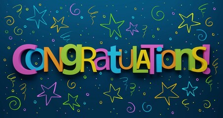 Poster - 3D render of CONGRATULATIONS! typography with colorful hand-drawn symbols on dark blue background