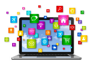Laptop Computer and flying apps icons