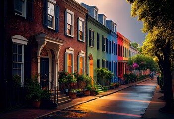 colorful rainbow row, charleston sc. generative ai