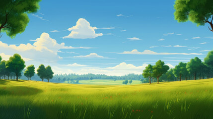 summer fields, hills landscape, green grass, blue sky with clouds, flat style cartoon painting illus