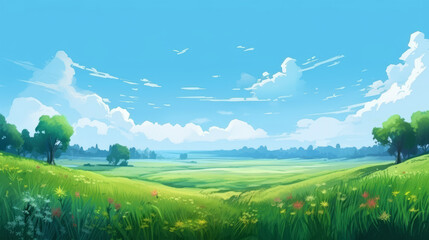 Wall Mural - Summer fields, hills landscape, green grass, blue sky with clouds, flat style cartoon painting illustration. Generative AI.