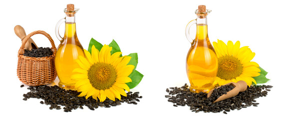 Wall Mural - Sunflower oil, seeds and flower isolated on white background