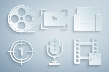 Wall Mural - Set Microphone, Cinema chair, Old film movie countdown frame, Play Video, Online play video and Film reel icon. Vector