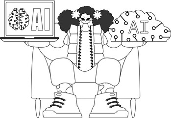 Girl grasping a robot illustration in her grip, vector linear design