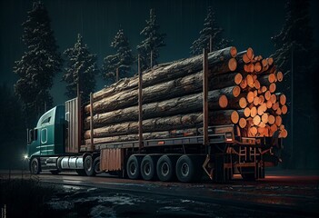 Trailer truck loaded with sawn logs. Generative AI