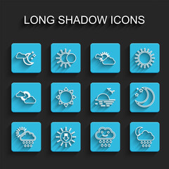 Poster - Set line Cloud with rain and sun, Sunset, moon stars, Moon and icon. Vector