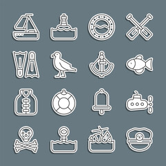 Canvas Print - Set line Captain hat, Submarine, Fish, Ship porthole, Bird seagull, Flippers for swimming, Yacht sailboat and Anchor icon. Vector