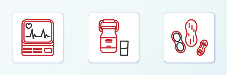 Sticker - Set line Peanut, Monitor with cardiogram and Can container for milk icon. Vector