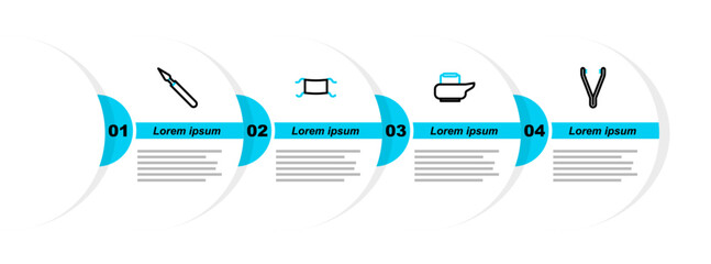 Poster - Set line Medical tweezers, Bedpan, protective mask and surgery scalpel icon. Vector