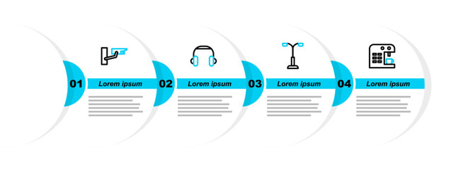 Sticker - Set line Coffee machine, Street light, Headphones and Security camera icon. Vector