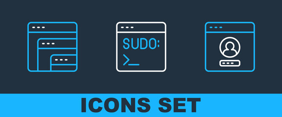 Set line Create account screen, Software and Code terminal icon. Vector