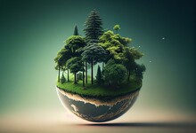 Conceptual Mini Planet Green Forest And Empty Copy Space. Generative AI