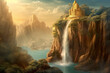 Digital illustration of fantasy island with golden castle tower and waterfall from cliff
