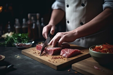 Cook cuts meat with a knife in the kitchen prepares food. Vegetables and spices on the kitchen table in a restaurant to prepare a delicious lunch