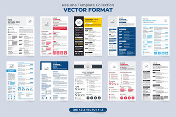 Office job application CV and resume template set vector with photo placeholders. Modern resume layout design collection for employees. Company intern CV template bundle vector for official work.