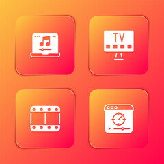 Poster - Set Laptop with music, Smart Tv, Play video and Online play icon. Vector