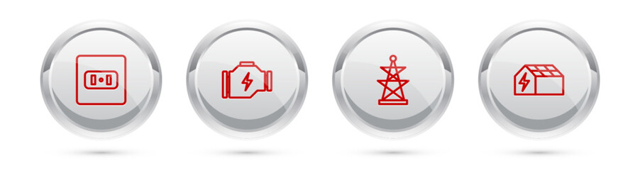 Poster - Set line Electrical outlet, Check engine, tower and Solar energy panel. Silver circle button. Vector