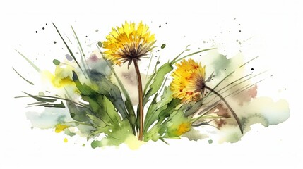 Dandelion spring flowers . Hand drawn watercolor painting on white background Generative AI