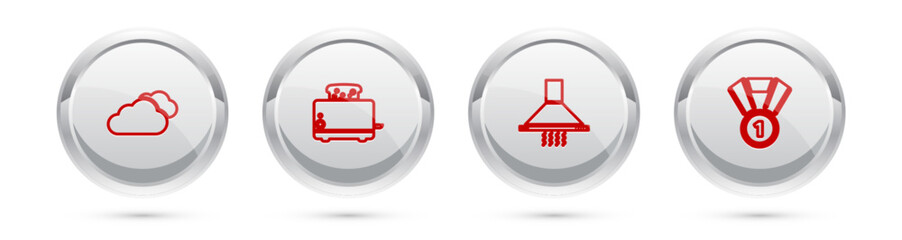 Sticker - Set line Cloud, Toaster with toasts, Kitchen extractor fan and Medal. Silver circle button. Vector