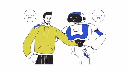 Wall Mural - human hugging ai animation. animated half body man with robot 2d cartoon flat colour line characters
