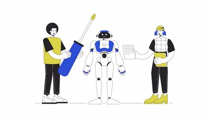 Wall Mural - building humanoid robot animation. animated robotics engineers 2d cartoon flat colour line character